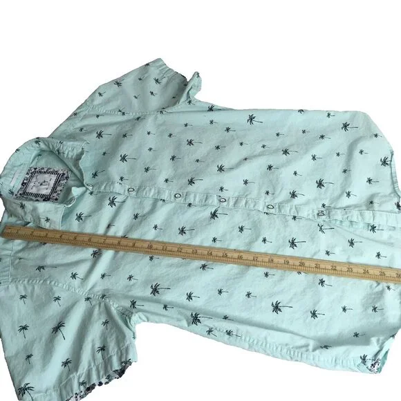 Denim & Flower Mens L Short Sleeve Button Down Shirt Baby Blue Palm Tree Print - Picture 9 of 13